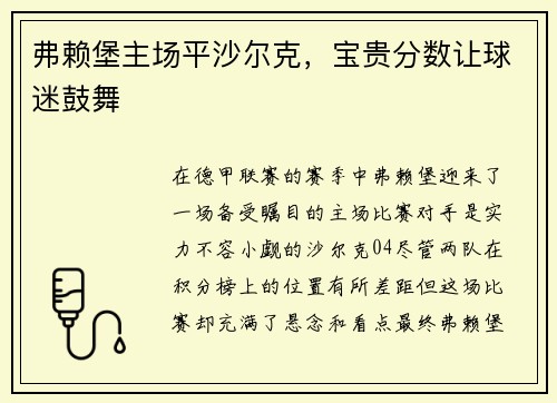 弗赖堡主场平沙尔克，宝贵分数让球迷鼓舞