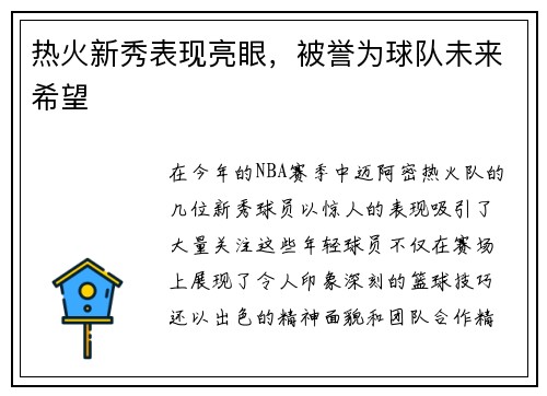 热火新秀表现亮眼，被誉为球队未来希望