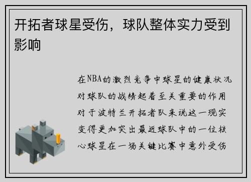 开拓者球星受伤，球队整体实力受到影响